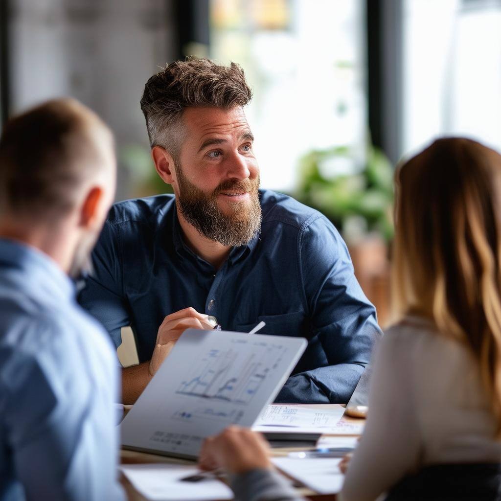 small business owner man consulting with a group